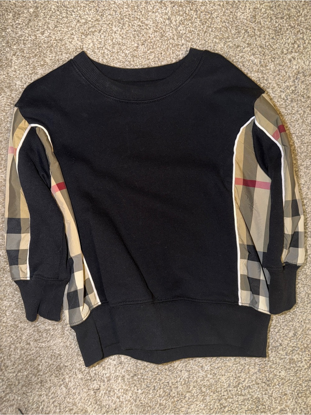 Burberry Black Sweatshirt with Beige Plaid Sleeve Panels and Red Stripe